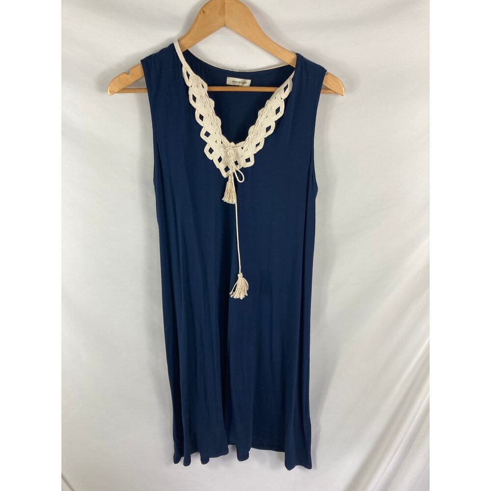 Max Studio Blue V Neck Crochet Neckline Sleeveless Dress Size Small - Picture 2 of 5